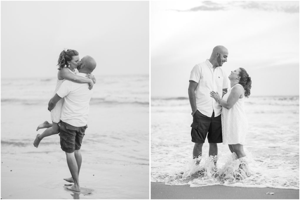 black and white beach engagement photos