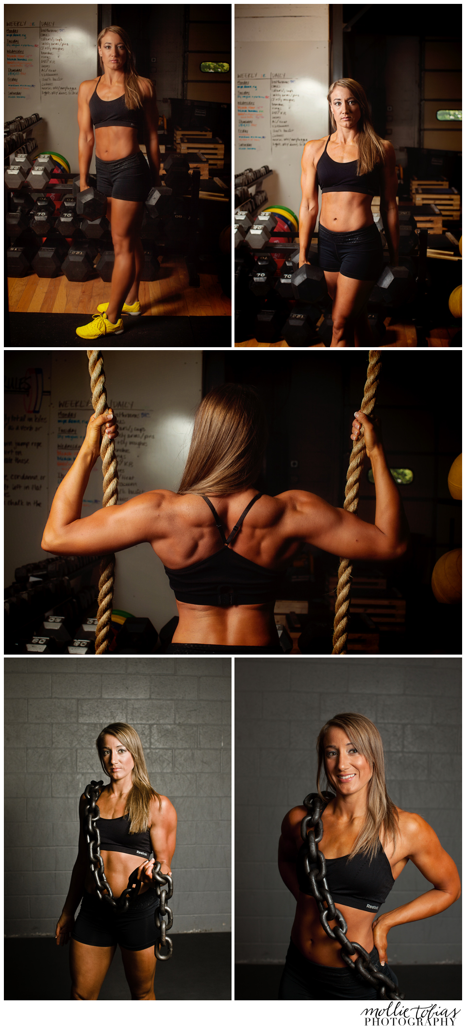 virginia fitness photography model with dumbbells and ropes