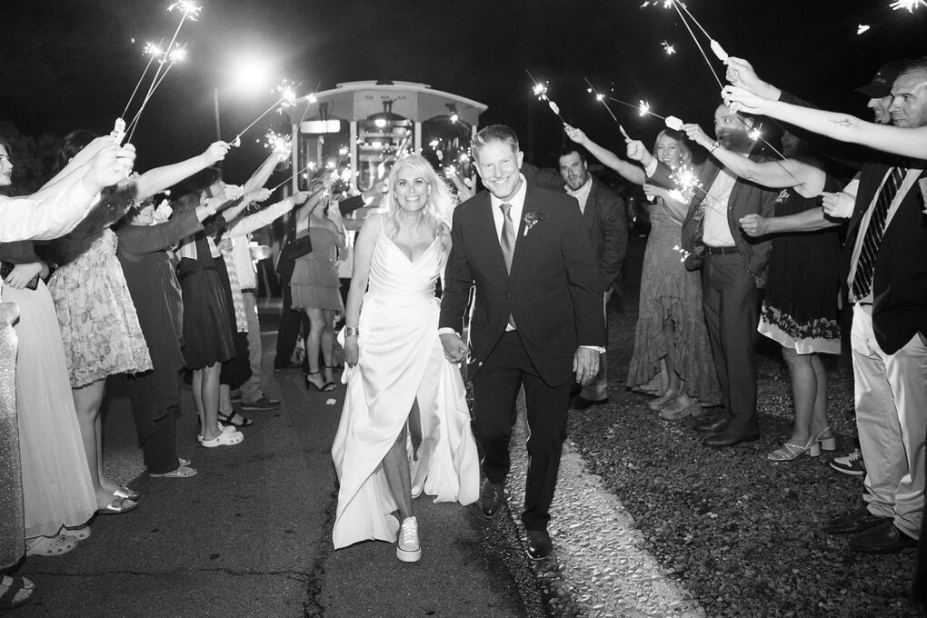 305 Trackside Southern Pines wedding sparkler exit with Sandhills Trolley Company