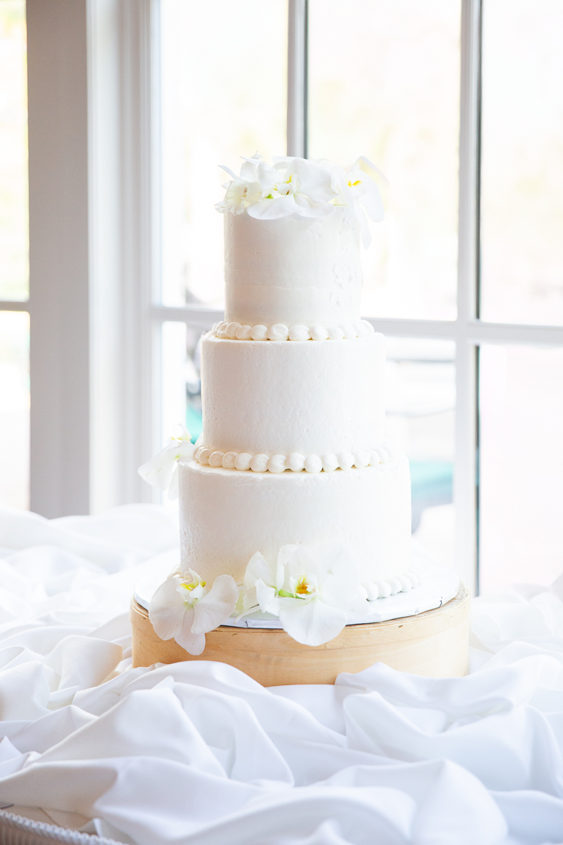 White wedding cake by North Carolina wedding photographer