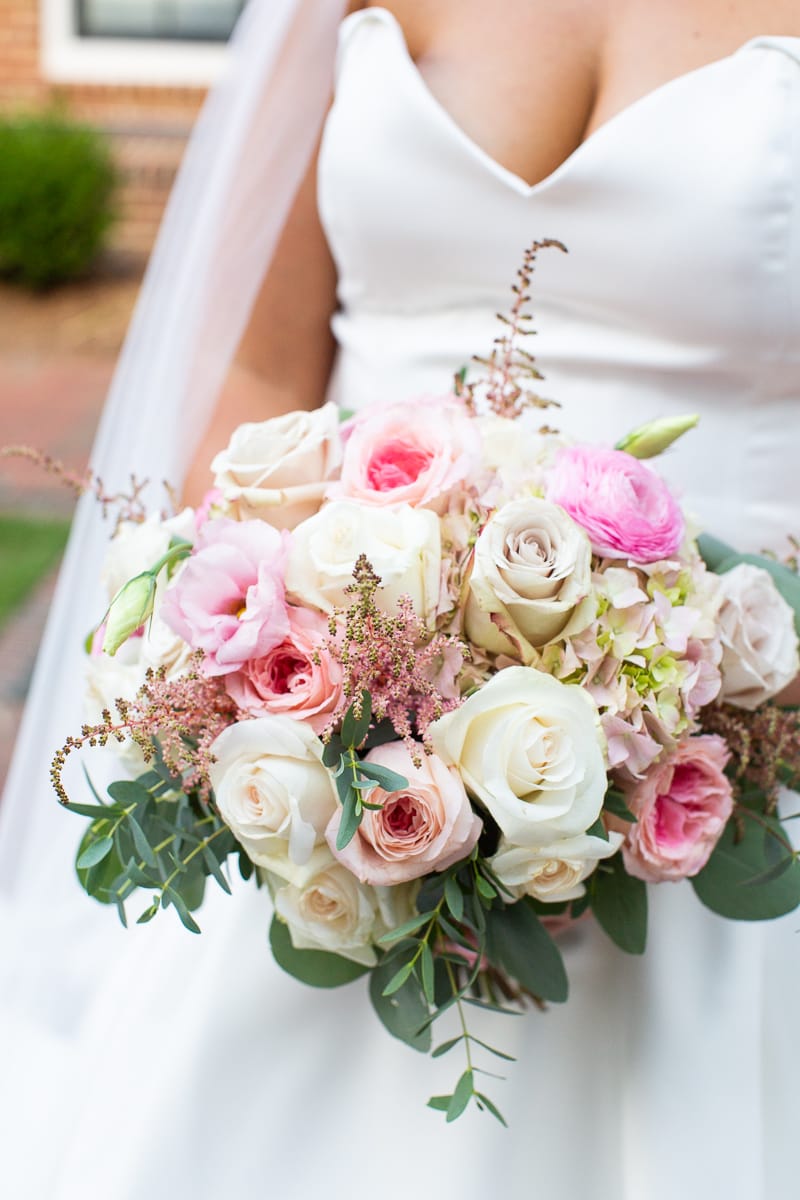 Close-up of bridal bouquet at Holly Inn Pinehurst wedding