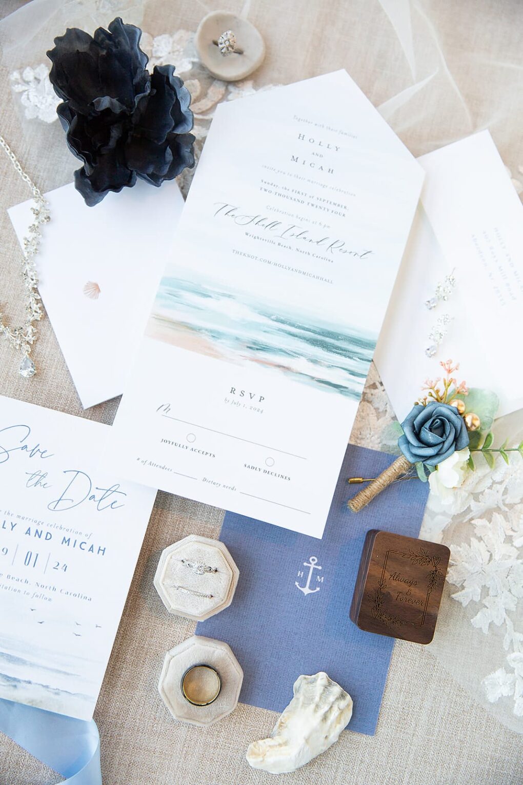 wedding invitation suite ocean beach theme with rings and shells