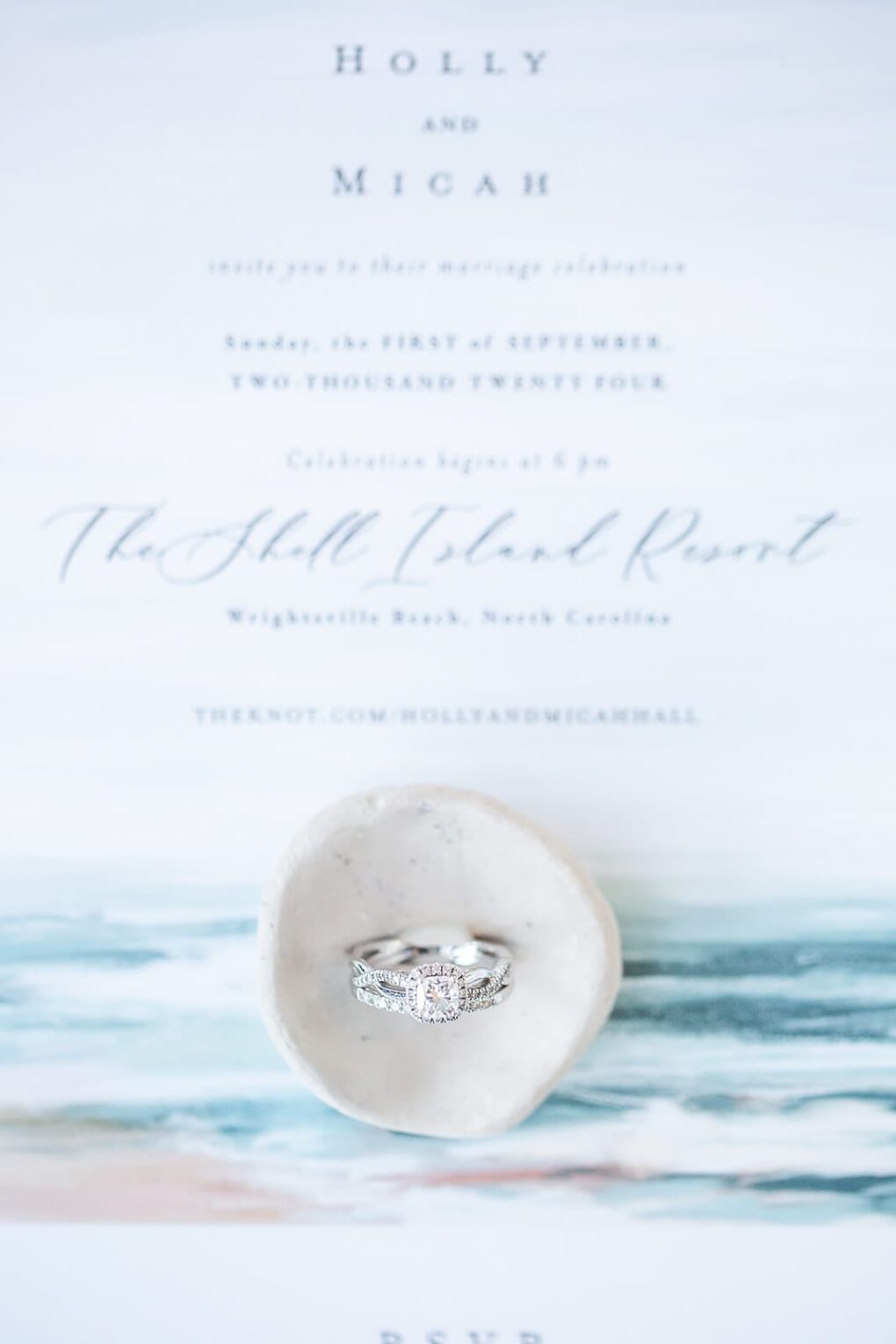 wedding rings on beach themed wedding invitation teal and white