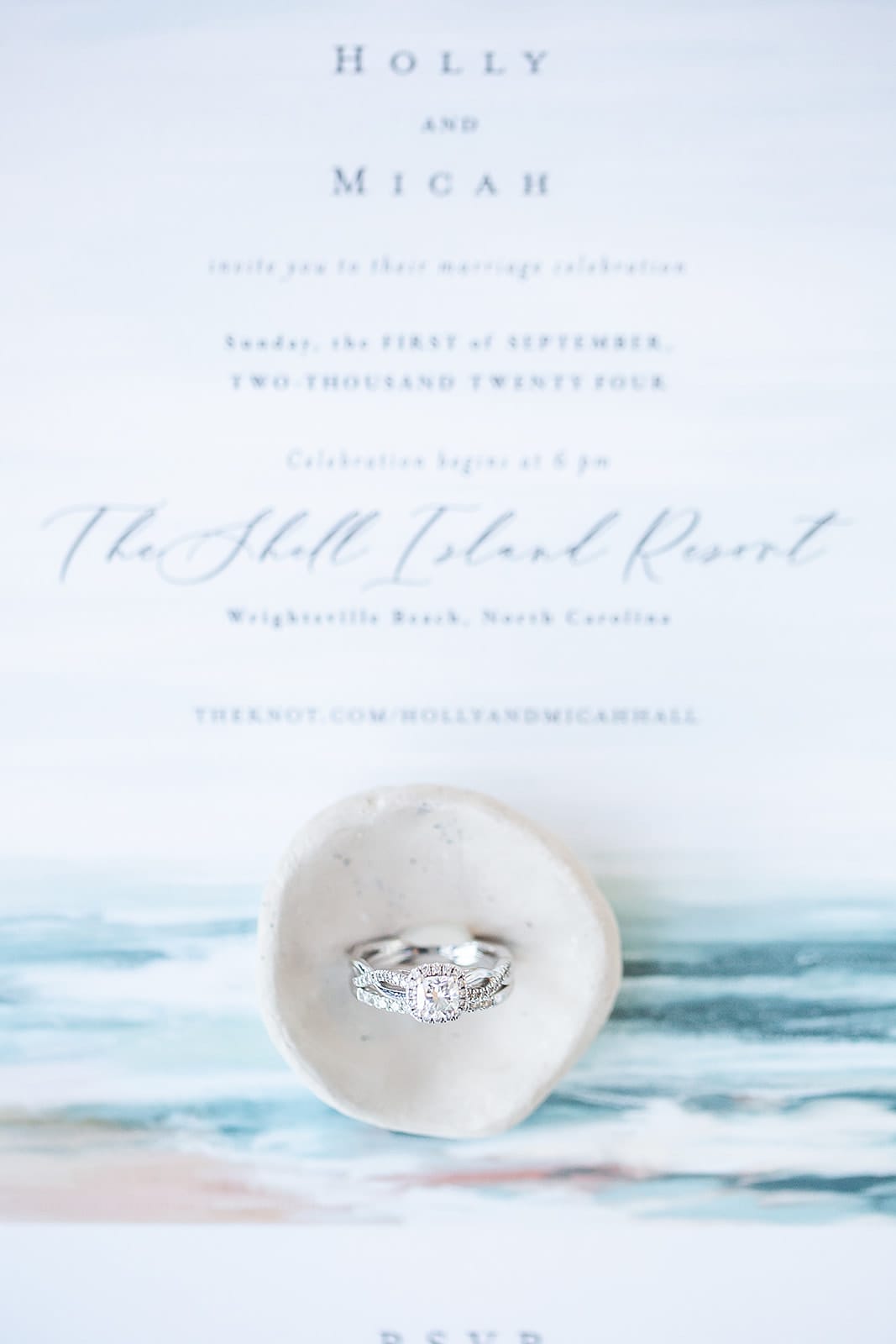 nc beach wedding in Wrightsville beach invitation beach theme with rings