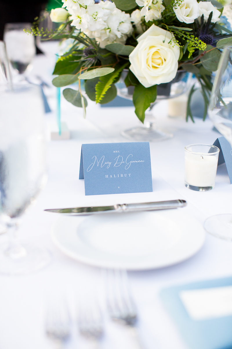 Elegant blue and white table decor for a wedding reception in Pinehurst, NC.