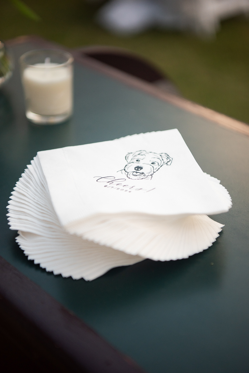 Custom cocktail napkins with a monogrammed design at a Pinehurst wedding reception.