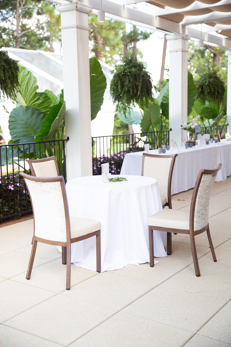 Outdoor wedding reception setup with elegant white and green decor at CCNC in Pinehurst.