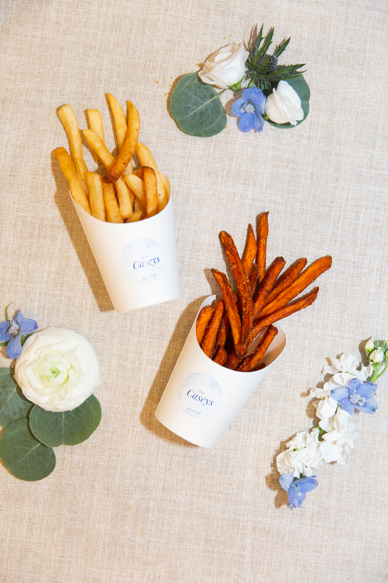 Wedding food station featuring sweet potato fries in custom cones at a Pinehurst reception.